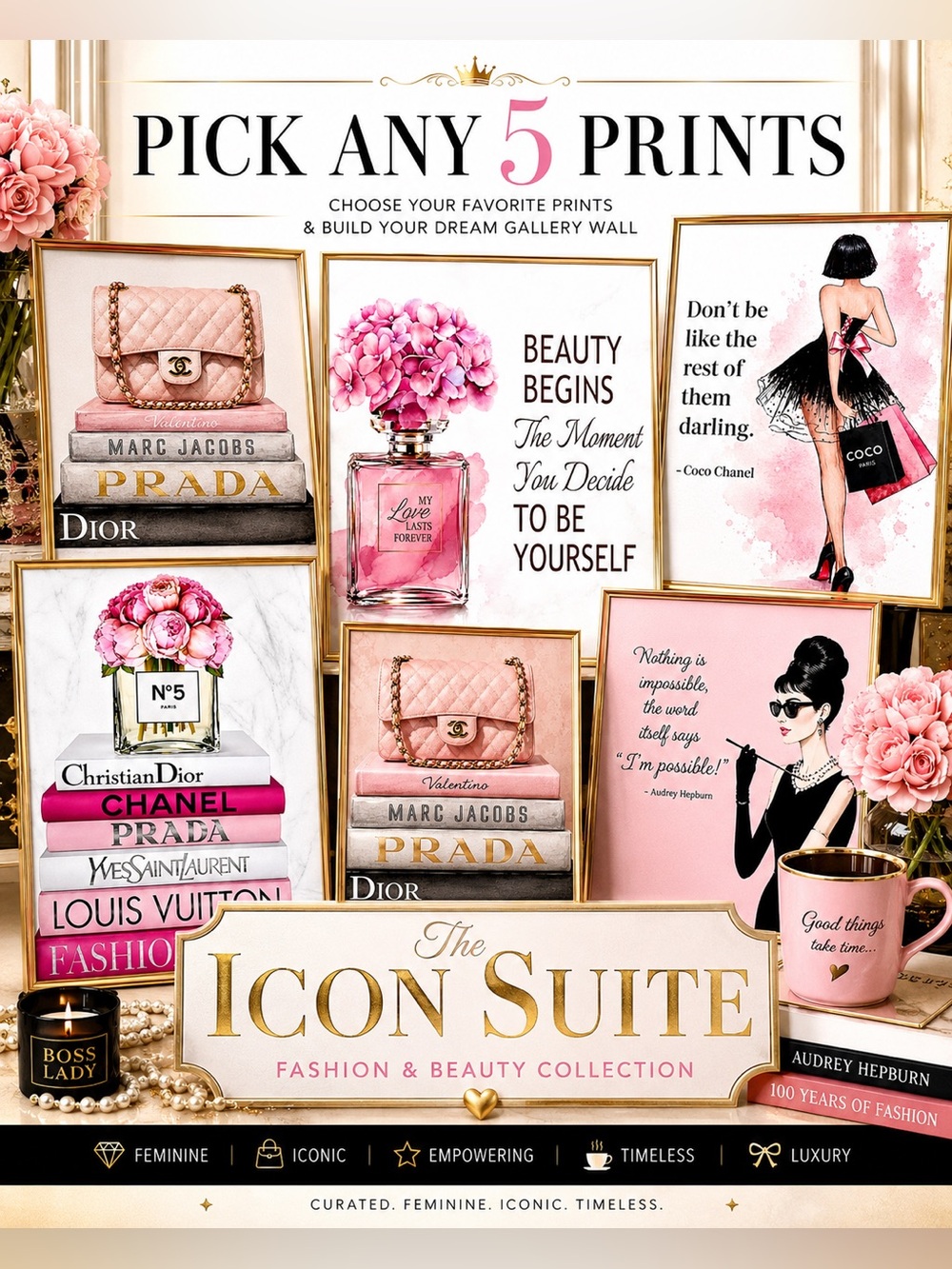 Pick Any 5 | "The Icon Suite" Prints | 5 Glam Office Fashion Luxury Wall Decor